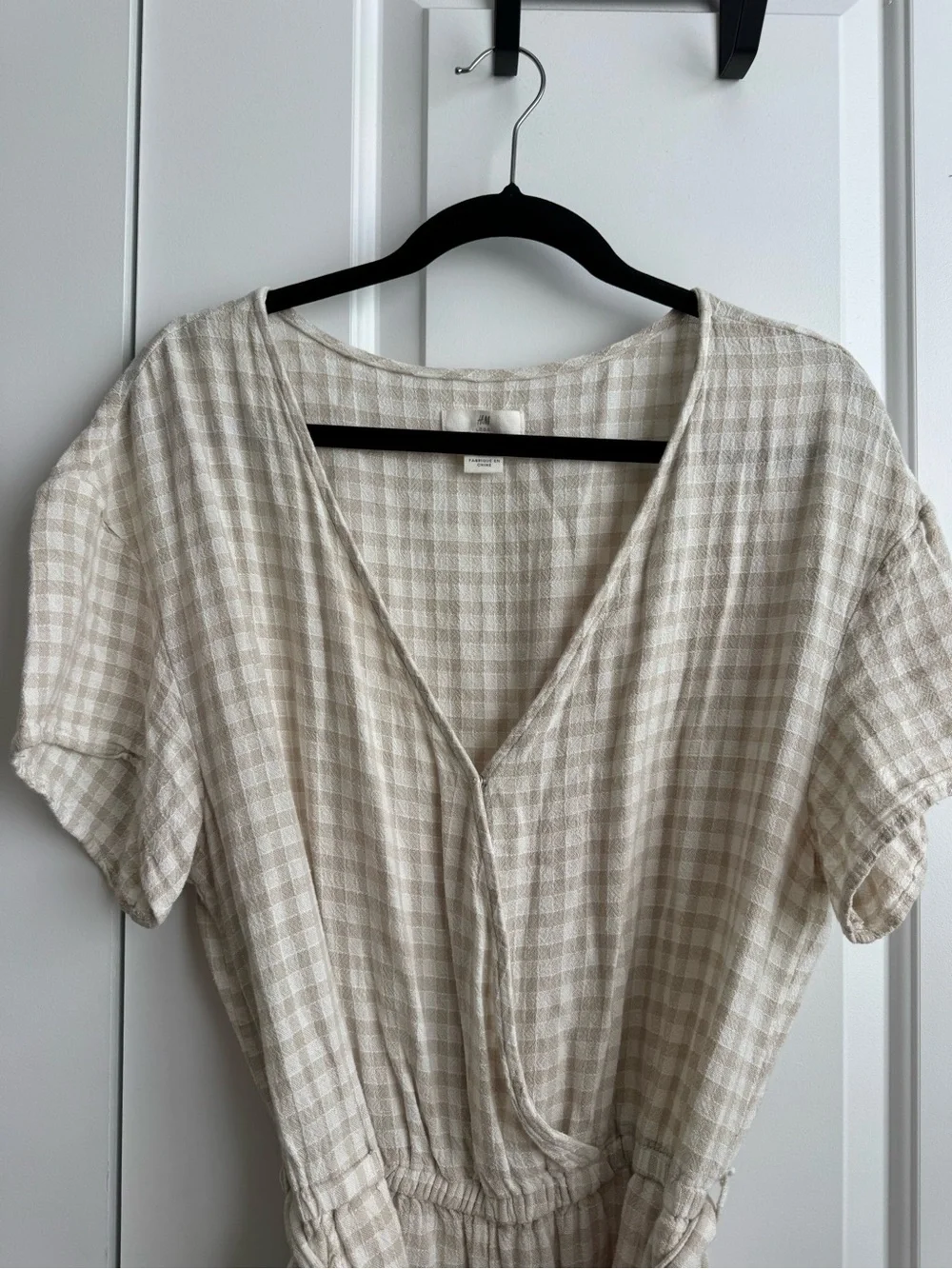 H&M L.O.G.G. Beige Gingham Linen Blend Tie Wrap Romper Size 14